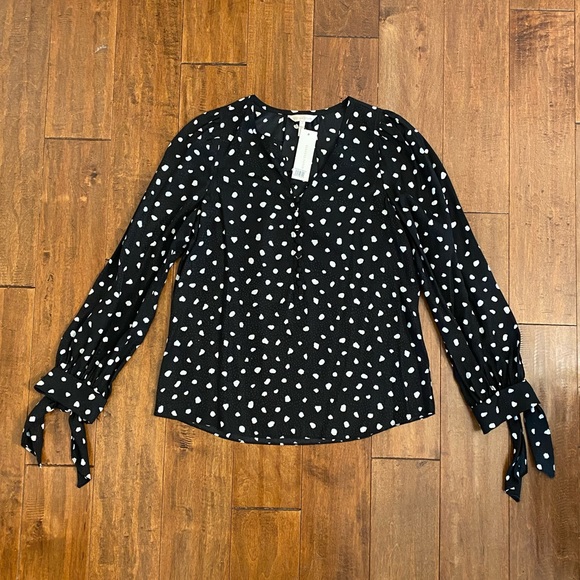Rebecca Taylor Black Polka Dot Long Sleeve Tie Top Sz 4 or Small - Picture 3 of 11